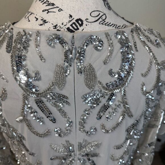Johnny Was Silver Sequin Cocktail Mini Formal Dress Size 12 Flutter Sleeve Glitz - Picture 8 of 13